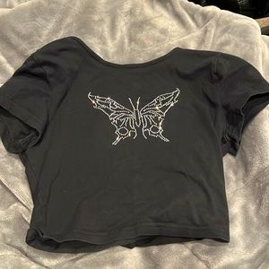 black shein rhinestone butterfly cropped tee